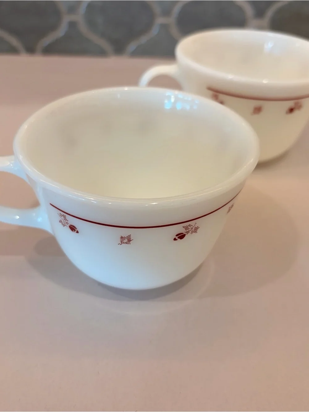 Vintage Pyrex Burgundy Rose Milk Glass Coffee Cups Mugs Set of 4